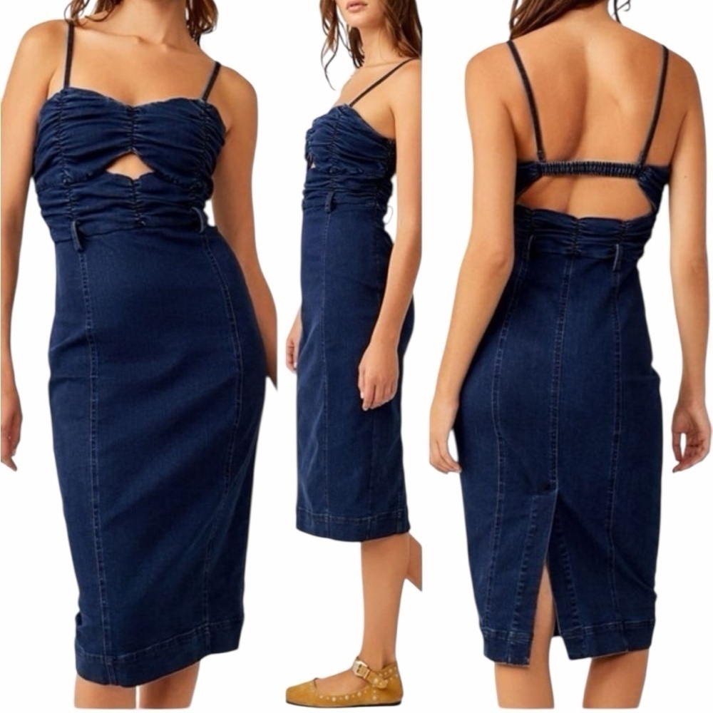 Free People Serenity Ruched Denim Midi Dress Size Medium
